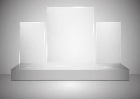 A rectangular podium with a glass pedestal or platform illuminated by spotlights Stock-Illustration