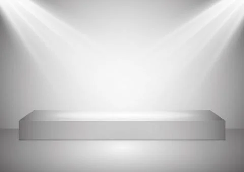 A rectangular podium with a glass pedestal or platform illuminated by spotlights Ilustración de archivo