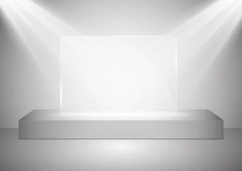 A rectangular podium with a glass pedestal or platform illuminated by spotlights 库存插图