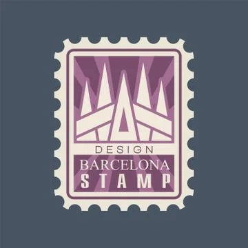 Rectangular postage stamp of Barcelona city with cathedral of Sagrada Familia Stockillustratie