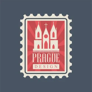 Rectangular postage stamp with Prague church of Mother of God. Famous landmark 스톡 일러스트