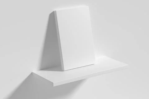 Rectangular poster on white shelf leaning at wall top diagonal view Illustrazione stock