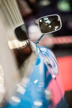 Rectangular rear view mirror on a vintage car 스톡 사진