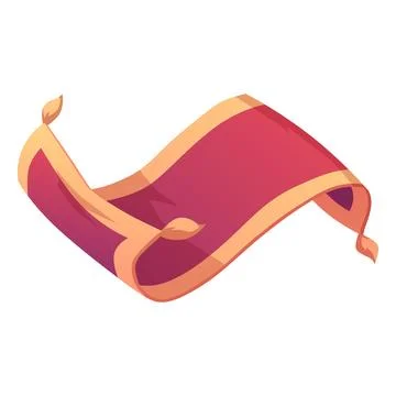 A rectangular red flying carpet with gold stripes along the edges and tassels on Ilustración de archivo