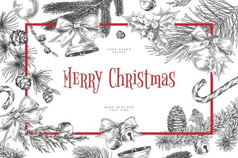 Rectangular red frame with pine branches, a candy cane, pine cones, a bell, and Stock Illustration