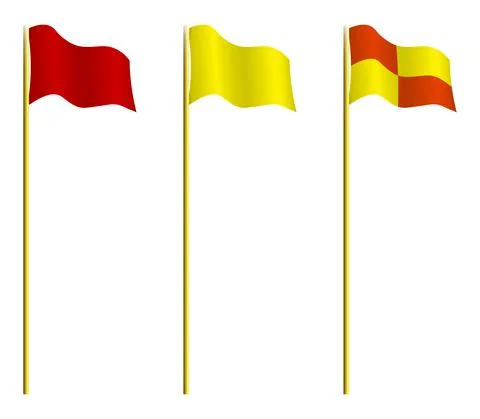 Rectangular red, yellow and checkered soccer flag on pole. Flags on corners Illustrazione stock