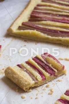 A rectangular rhubarb tart Stock Photos
