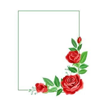 Rectangular Rose Frame with Red Lush Bud and Green Leaves Arranged in Shape with Stock Illustration