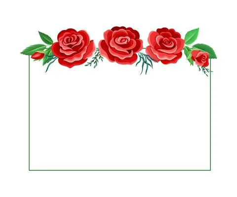 Rectangular Rose Frame with Red Lush Bud and Green Leaves Arranged in Shape with Stock Illustration
