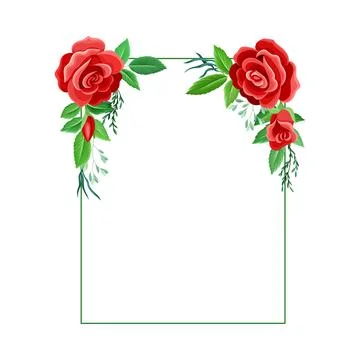 Rectangular Rose Frame with Red Lush Bud and Green Leaves Arranged in Shape with Stock Illustration