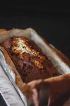 Rectangular ruddy metropolitan cake-bread in a metallic baking dish on a dark Foto stock
