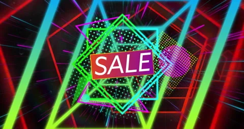 Rectangular SALE banner being showcased amid neon shapes and lines in futuristic Stock Footage 309066898