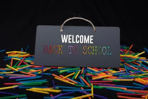 Rectangular shaped black notice board on colorful sticks 写真素材