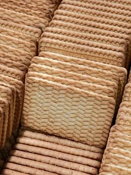 Rectangular shaped cookies arranged in rows inside a box at a supermarket, .. Stock Photos