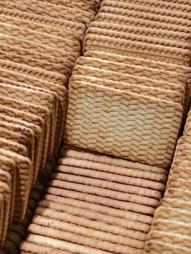 Rectangular shaped cookies stacked neatly inside a box at a supermarket, hi.. Stock Photos