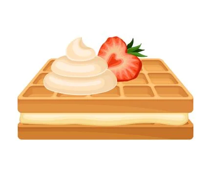 Rectangular Shaped Waffle with Textured Surface and Whipped Cream on the Top Stock Illustration