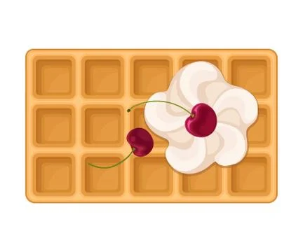 Rectangular Shaped Waffle with Textured Surface and Whipped Cream with Cherry Stock Illustration