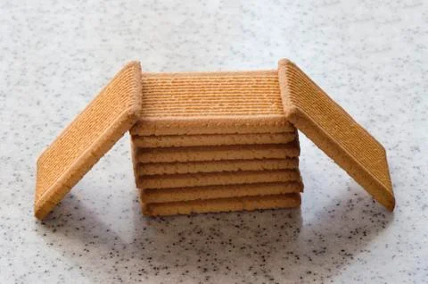 Rectangular shortbread cookies on a light marble top. Homemade baking. Stock Photos