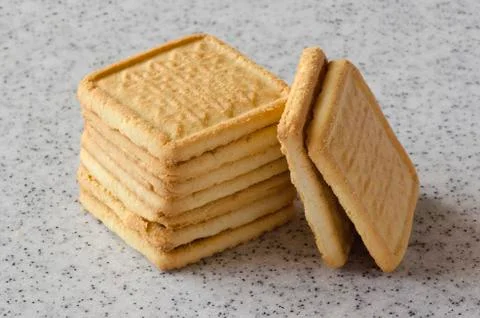 Rectangular shortbread cookies on a light marble top. Homemade baking. Foto stock