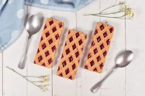 Rectangular slices of pie called Linzer Torte a traditional Austrian shortcake Stock Photos