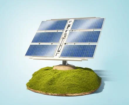 A rectangular solar panel is placed on top of a green grassy hill Stock Illustration