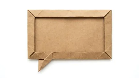 Rectangular speech bubble made of brown recycled paper on white background Stock Photos