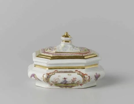 . Rectangular sugar box of painted porcelain. The box has beveled corners ... Stock Photos