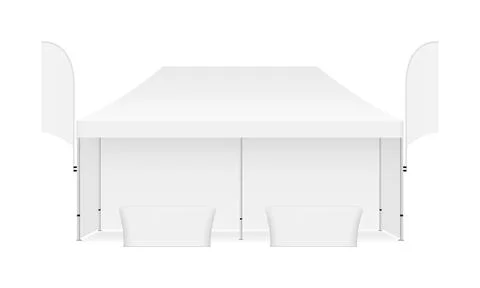 Rectangular Tent With Flags and Demonstration Tables Stock Illustration