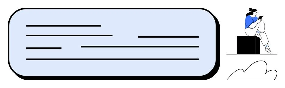 Rectangular text box with horizontal lines representing text, woman sitting o Stock Illustration