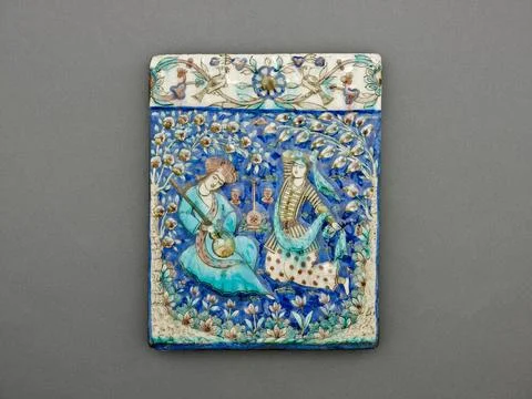 Rectangular Tile with Musician and Dancer 1799 1899 Iran. Fritware, with m... Stock Photos