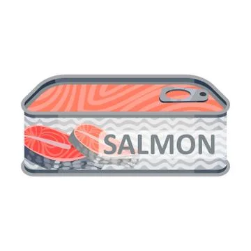 Rectangular tin can with pieces of salmon. Vector illustration on white Stock Illustration
