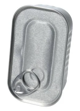 Rectangular tin can with ring for opening on isolated background Rectangul... Foto stock