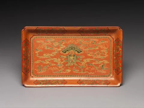 Rectangular tray with fish chime, treasures, and clouds China The two fish .. Stock Photos