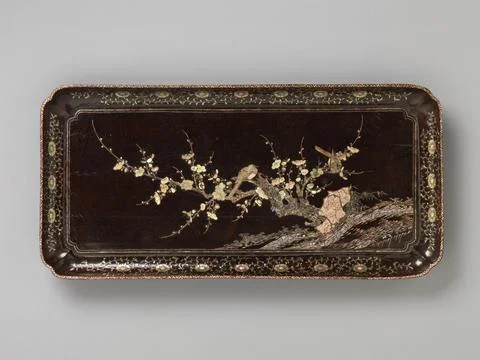 Rectangular tray with flowering plums and birds 14th century China The wond.. Stock Photos