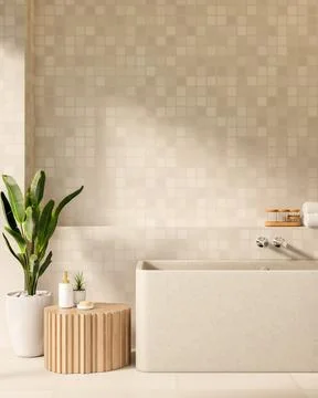 Rectangular tub and wooden table aside pot plant with towel on recessed she.. Stock Illustration