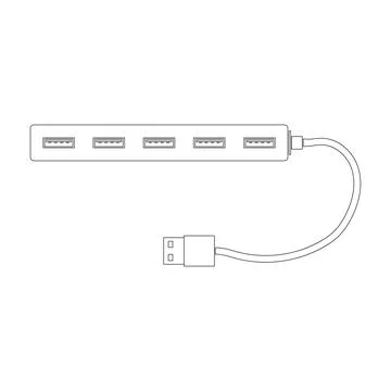 Rectangular USB hub in contour design with single-row USB ports and cable. A Stock Illustration