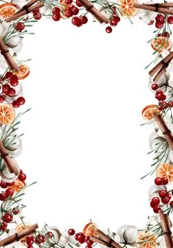Rectangular vertical frame with oranges, cotton, berries and green twigs, cin Stock Illustration