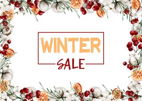 Rectangular vertical frame with oranges, cotton, berries and green twigs, for Illustrazione stock