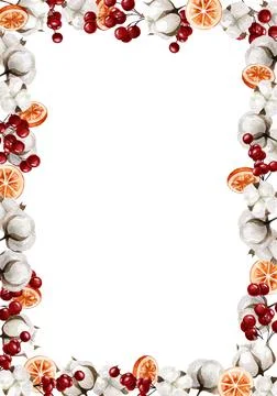 Rectangular vertical frame with oranges, cotton, berries for decoration and p Stock Illustration