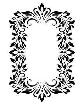 Rectangular vintage frame, border of stylized leaves, flowers and curls in bl Stock Illustration