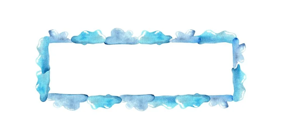 Rectangular watercolor frame with blue clouds on white background, hand-pai.. Stock Illustration