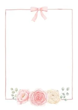 Rectangular watercolour floral frame with coquette pink bow, roses and euca.. Stock Illustration