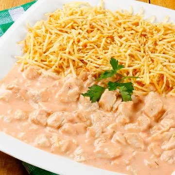 A rectangular white ceramic dish served with succulent chicken stroganoff 库存照片