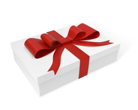 A rectangular white gift box with a closed lid and tied with a red ribbon and Stock Illustration