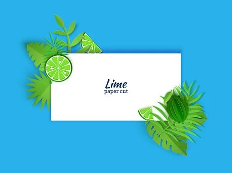 Rectangular white note sheet decorated with jungle paper cut green leaves and Stock Illustration