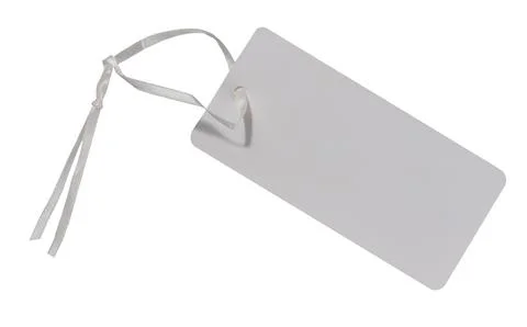 Rectangular white paper tag on a string on an isolated background Stock Photos