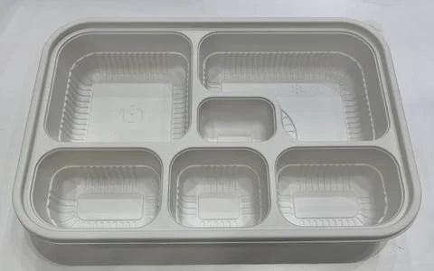 Rectangular white plastic food tray Foto stock