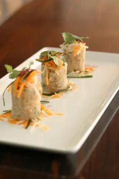 A rectangular white plate holds three beautifully arranged canapes. Stock Photos