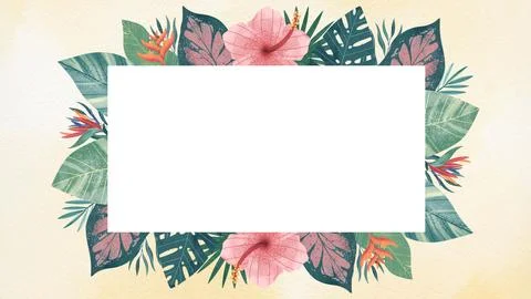 Rectangular white space is surrounded by a tropical floral border. The design fe Stock Illustration