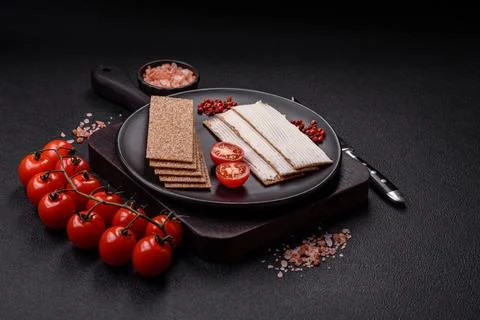 Rectangular whole grain crisp bread with cream cheese Stock Photos